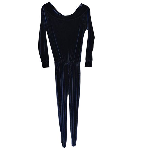 Vintage Blue Velvet Cowl Neck Jumpsuit Medium Bodysuit Stretch Comfort Lounge - Picture 1 of 4